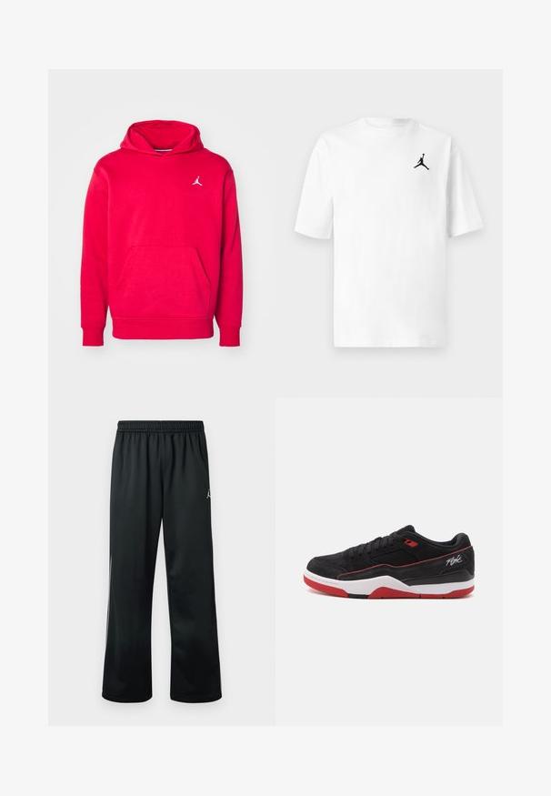 Rød hoodie lavet af blødt stof, med en kængurulomme og et lille hvidt logo på brystet. Ribbede manchetter og kant.; Hvid bomuld T-shirt med rund hals og korte ærmer. Den har et lille sort Jordan-logo på venstre brystområde.; Sorte atletikbukser med elastisk talje, der har et hvidt logo på den øvre side og et glat, letvægtsstof.; Lavskoet sort sneaker med røde accenter, hvid sål og "Flight" skrift på siden, vist i sideprofil på en hvid baggrund.