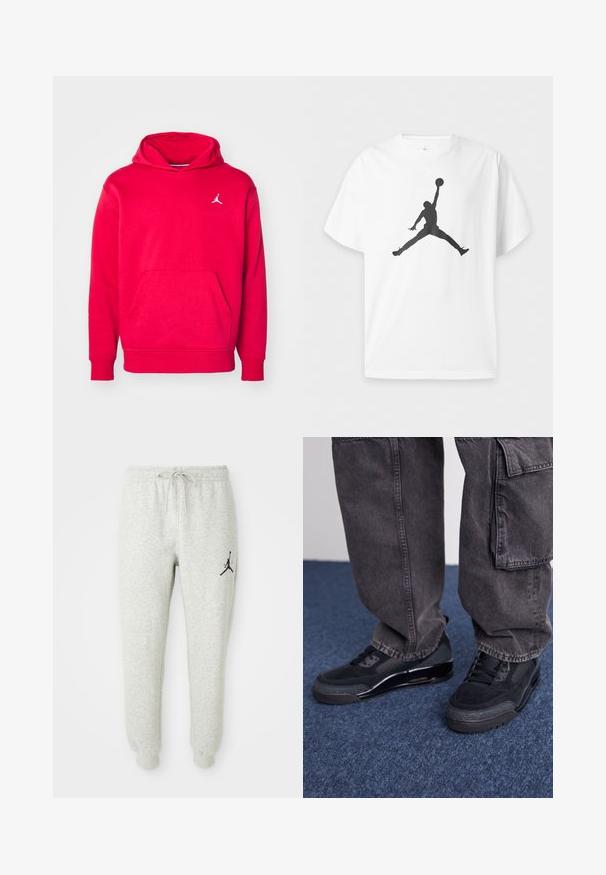 Rød hoodie lavet af blødt stof, med en kængurulomme og et lille hvidt logo på brystet. Ribbede manchetter og kant.; Hvid t-shirt med korte ærmer med en sort silhuet af en basketballspiller, der hopper og holder en bold over hovedet i luften.; Grå svedbukser med elastisk talje og snøre, med et sort Jumpman-logo på venstre ben, lavet af blødt, tekstureret stof.; Sorte sportsko med en struktureret overflade, glatte detaljer og en kraftig sål, der er parret med mørke, løstsiddende cargo-bukser.