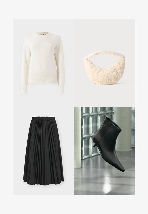 Pull en maille blanc cassé à manches longues avec des poignets et un ourlet côtelés, col rond, et petit logo brodé sur la poitrine.; Jupe midi plissée noire avec taille élastique, plis verticaux régulièrement espacés et silhouette légèrement évasée.; Bottine en cuir noir à bout pointu et petit talon kitten, présentée en angle devant un sol poli et un mur en blocs de verre.; Sac de couleur crème avec une texture douce et duveteuse. Forme courbée et large sangle pour le porter. Design simple, sans matériel ou accents visibles.