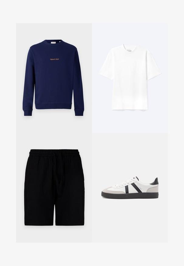 Marineblaues Sweatshirt aus Baumwolle mit Rundhalsausschnitt, gerippten Ärmelbündchen und einem kleinen, orangefarbenen, gestickten Logo auf der Vorderseite.; Schlichtes weißes T-Shirt mit kurzen Ärmeln und Rundhalsausschnitt in entspannter Passform, auf hellem Hintergrund dargestellt.; Schwarze Shorts aus leichtem Material mit einem elastischen Bund und Kordelzug, Seitentaschen und einem lockeren Schnitt.; Weiße Sneaker mit schwarz- und grau-aczenten, ausgestattet mit einer strukturierten grauen Zehenkappe, schwarzer Gummi-Sohle und flachen weißen Schnürsenkeln. Sauberes Design, minimalistische Stil.