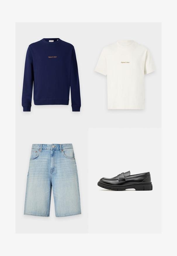 Marineblaues Sweatshirt aus Baumwolle mit Rundhalsausschnitt, gerippten Ärmelbündchen und einem kleinen, orangefarbenen, gestickten Logo auf der Vorderseite.; Cremefarbens Baumwoll-T-Shirt mit kurzen Ärmeln, Rundhalsausschnitt und gesticktem "Original Studio"-Logo in Gold auf der Brust. Weiche Textur.; Hellblaue Jeansshorts mit geradem Schnitt, ausgestattet mit einem Knopf- und Reißverschluss, fünf Taschen und einem leicht verwaschenen Finish.; Schwarze Lederloafer mit einem breiten Riemen über dem Rist, Gummisohle mit dicken Profilen und glatter Textur. Klassisches, schlankes Design.