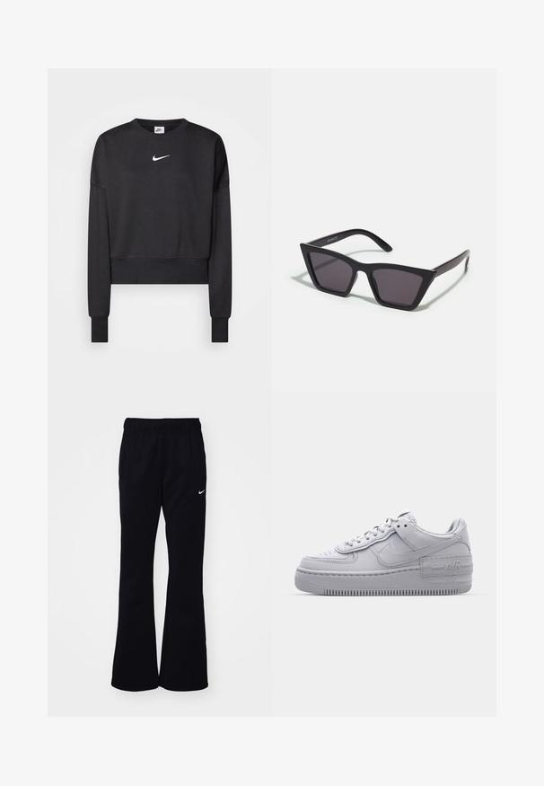 Sort cropped sweatshirt lavet af en blanding af bomuld, med rund halsudskæring, lange ærmer og et hvidt Nike-logo på brystet.; Sorte sweatpants med elastisk talje, udvidede ben, to side lommer og et hvidt Nike-logo på venstre side.; Grå Nike Air Force 1 sneakers med perforeret tå, glat læderoverdel, tyk sål og præget 'AIR' detalje på hælen.; Sorte, kantede solbriller med grå linser; lavet af plast, med tykke stænger med en glat overflade og ingen synlig hardware.