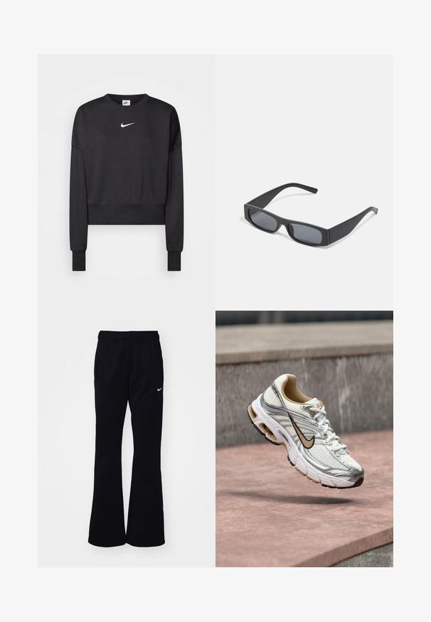 Zwarte cropped sweatshirt van een katoenmix, met een ronde halslijn, lange mouwen en een wit Nike-logo op de borst.; Zwarte joggingbroek met een elastische tailleband, uitlopende pijpen, twee zijzakken en een wit Nike-logo aan de linkerkant.; Witte en zilveren Nike hardloopschoen met een beige swoosh-logo, getoond zwevend boven een stenen oppervlak met een onscherpe grijze muur op de achtergrond.; Zwarte rechthoekige zonnebril met donkere lenzen en dikke matte monturen. De zijstukken zijn licht taps toelopend met een gladde textuur.