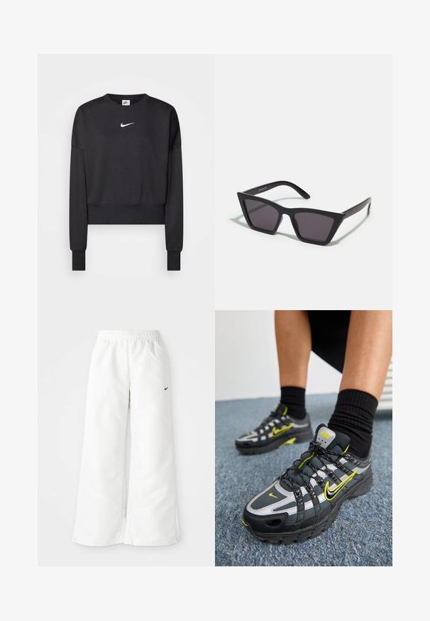 Sweatshirt noir court en mélange de coton, avec un col rond, des manches longues et un logo Nike blanc sur la poitrine.; Pantalons de sport blancs à design large, avec une taille élastique et un petit logo Nike noir sur le côté gauche. Matériau lisse et léger.; Chaussures de sport noires et grises avec des accents argentés réfléchissants, des panneaux en maille texturée et des détails en jaune vif. Design à lacets avec une semelle structurée.; Lunettes noires angulaires avec des verres gris ; fabriquées en plastique, avec des branches épaisses à la surface lisse et sans matériel visible.