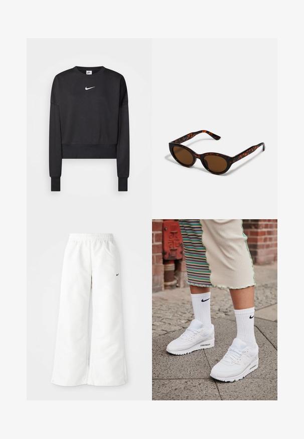 Sort cropped sweatshirt lavet af en blanding af bomuld, med rund halsudskæring, lange ærmer og et hvidt Nike-logo på brystet.; Hvide atletiske bukser med et bredbenet design, elastisk talje og et lille sort Nike-logo på venstre side. Glat, let materiale.; Hvide Nike Air Max 90 sneakers med mesh og læderoverdel, der har en synlig luftenhed, parret med hvide ribbede sokker med sort logo.; Brune skildpadde solbriller med en vintage katteøje-form og brune linser. Har buede arme med røde detaljer.