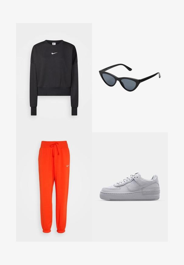 Sort cropped sweatshirt lavet af en blanding af bomuld, med rund halsudskæring, lange ærmer og et hvidt Nike-logo på brystet.; Nike Sportswear W PHNX FLC HR OS - Træningsbukser - picante red/sail; Grå Nike Air Force 1 sneakers med perforeret tå, glat læderoverdel, tyk sål og præget 'AIR' detalje på hælen.; Sorte katteøje solbriller med mørkegrå linser, slankt plastisk stel, spidse hjørner og lige stænger. Ingen synlig hardware eller dekorationer.