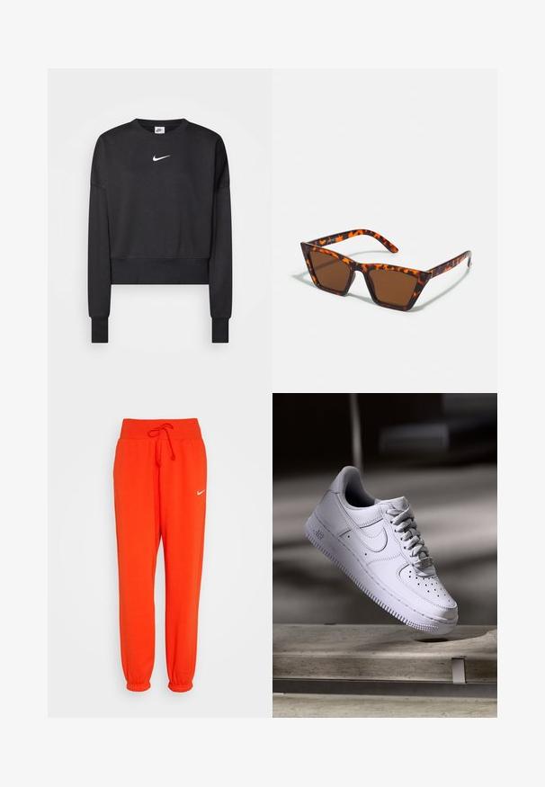 Mustat lyhyet hihatettu collegepaita, joka on valmistettu puuvillasekoitteesta. Paidassa on pyöreä kaula-aukko, pitkät hihat ja valkoinen Nike-logo rinnassa.; Nike Sportswear W PHNX FLC HR OS - Verryttelyhousut - picante red/sail; Valkoinen Nike Air Force 1 -tossu leijuu betonipinnan yläpuolella varjojen kera minimalistisessa ympäristössä.; Ruskopuisia aurinkolaseja, joissa on kilpikonnakuosiset kehykset, kulmikkaat muotoilut ja kapeat käytävät. Kevyt muovimateriaali.