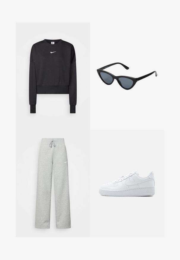Sort cropped sweatshirt lavet af en blanding af bomuld, med rund halsudskæring, lange ærmer og et hvidt Nike-logo på brystet.; Grå sweatpants med elastisk talje, snor detaljer og et lille hvidt Nike-logo på venstre lår. Blødt stof, løs pasform.; Hvid Nike Air Force 1 sneaker med lavt snit, snørelukning, perforeret tåboks og karakteristisk Swoosh-logo på siden.; Sorte katteøje solbriller med mørkegrå linser, slankt plastisk stel, spidse hjørner og lige stænger. Ingen synlig hardware eller dekorationer.