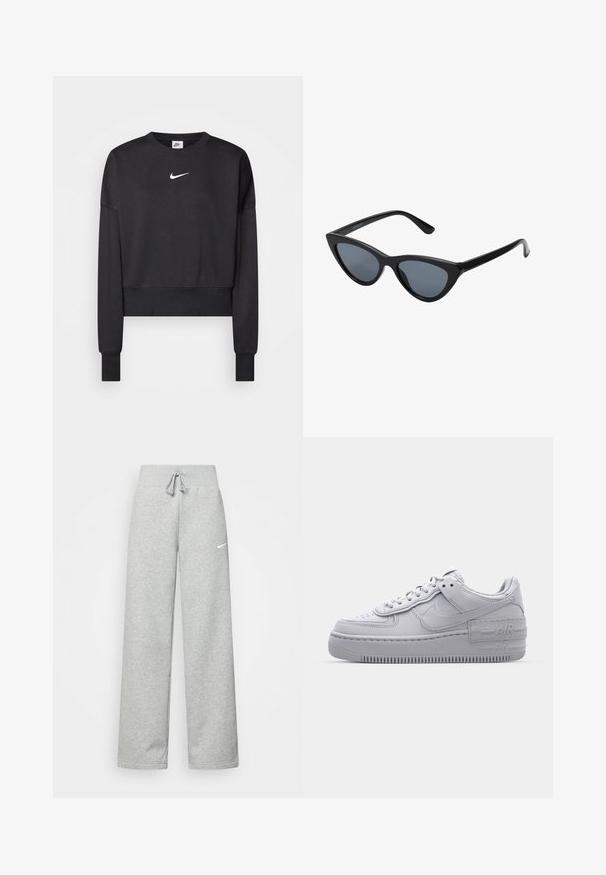 Čierna krátka mikina vyrobená z bavlnenej zmesi, s okrúhlym výstrihom, dlhými rukávmi a bielym logom Nike na hrudi.; Šedé tepláky s elastickým pásom, detailom na šnúrku a malým bielym logom Nike na ľavom stehne. Mäkká tkanina, voľný strih.; Šedé tenisky Nike Air Force 1 s perforovanou špičkou, hladkým koženým zvrškom, hrubou podrážkou a embosovaným detailom 'AIR' na päte.; Čierne slnečné okuliare v štýle mačacích očí s tmavošedými sklami, elegantným plastovým rámom, špicatými rohmi a rovnými stranami. Bez viditeľného hardvéru alebo akcentov.