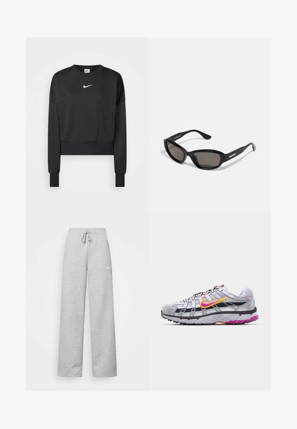 Zwarte cropped sweatshirt van een katoenmix, met een ronde halslijn, lange mouwen en een wit Nike-logo op de borst.; Grijze sweatpants met een elastische tailleband, een trekkoord-detail en een klein wit Nike-logo op de linkerdij. Zachte stof, losvallend.; Grijze mesh hardloopschoen met een opvallende roze en gele swoosh, zwarte accenten en een gestructureerde rubberen zool. Kenmerkt zich door een verstevigde neus en een gevoerde kraag.; Zwarte zonnebril met een rechthoekig frame, donkere lenzen, gladde plastic materiaal en een metalen accent op de poot.
