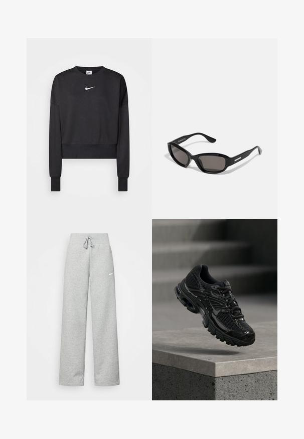 Sort cropped sweatshirt lavet af en blanding af bomuld, med rund halsudskæring, lange ærmer og et hvidt Nike-logo på brystet.; Grå sweatpants med elastisk talje, snor detaljer og et lille hvidt Nike-logo på venstre lår. Blødt stof, løs pasform.; Sort Nike løbesko med mesh og syntetisk overdel, der svæver over en betonoverflade og trin i baggrunden.; Sorte solbriller med rektangulært stel, mørke linser, glat plastmateriale og en metalaccent på templet.