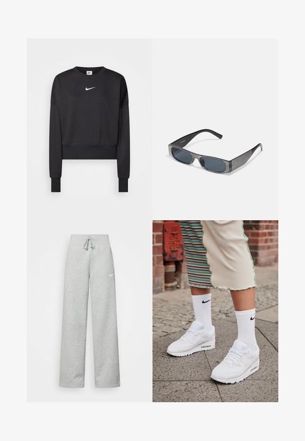 Čierna krátka mikina vyrobená z bavlnenej zmesi, s okrúhlym výstrihom, dlhými rukávmi a bielym logom Nike na hrudi.; Šedé tepláky s elastickým pásom, detailom na šnúrku a malým bielym logom Nike na ľavom stehne. Mäkká tkanina, voľný strih.; Biele tenisky Nike Air Max 90 s vrchnou časťou z kombinácie sieťovaného a koženého materiálu, s viditeľnou vzduchovou jednotkou, v kombinácii s bielymi rebrovanými ponožkami s čiernym logom.; Čierne slnečné okuliare s šedými sklami, so sieťovým vzorom malých kovových kamienkov pozdĺž rámov. Hladký povrch, ostrý dizajn.