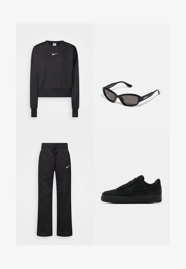 Zwarte cropped sweatshirt van een katoenmix, met een ronde halslijn, lange mouwen en een wit Nike-logo op de borst.; Zwarte sweatpants van een katoenmix, voorzien van een tailleband met koord, rechte pijpen, en een wit Nike-logo aan de linkerzijde.; Zwarte Nike Air Force 1 sneakers hebben een gestructureerde bovenkant, gladde leren accenten, platte veters en een dikke rubberen zool met ribbeldetails.; Zwarte zonnebril met een rechthoekig frame, donkere lenzen, gladde plastic materiaal en een metalen accent op de poot.
