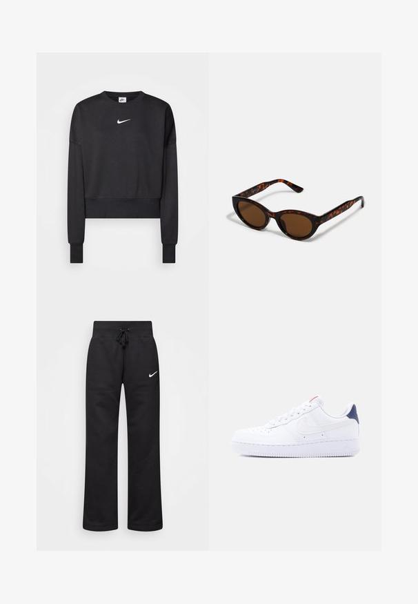 Schwarzer, verkürzter Sweatshirt aus Baumwollmischung mit Rundhalsausschnitt, langen Ärmeln und einem weißen Nike-Logo auf der Brust.; Schwarze Sweatpants aus einem Baumwollmix, mit einem Kordelzugbund, geraden Beinen und einem weißen Nike-Logo auf der linken Seite.; Weißer Sneaker mit niedrigem Schaft, Perforationen an der Spitze, weißen Schnürsenkeln, einem weißen Swoosh-Logo und einer dunkelblauen Fersenschlaufe.; Braune Schildpatt-Sonnenbrille mit einer Vintage-Cat-Eye-Form und braunen Gläsern. Verfügt über gebogene Bügel mit roten Akzenten.