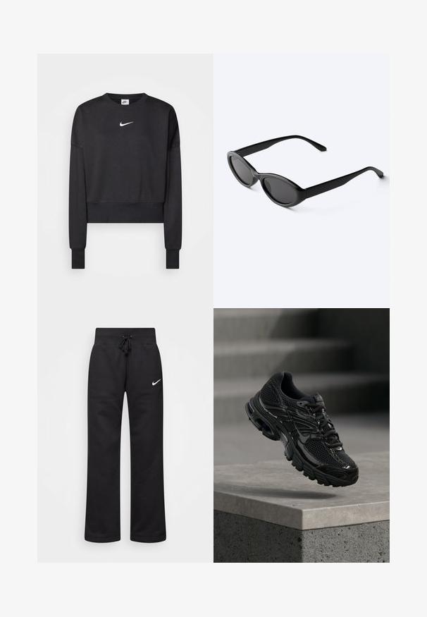 Sort cropped sweatshirt lavet af en blanding af bomuld, med rund halsudskæring, lange ærmer og et hvidt Nike-logo på brystet.; Sorte sweatpants lavet af en bomuldsblanding, med en snøre i taljen, lige ben og et hvidt Nike-logo på venstre side.; Sort Nike løbesko med mesh og syntetisk overdel, der svæver over en betonoverflade og trin i baggrunden.; Slanke sorte ovale solbriller med mørke linser og lige arme, hvilende på en hvid overflade.