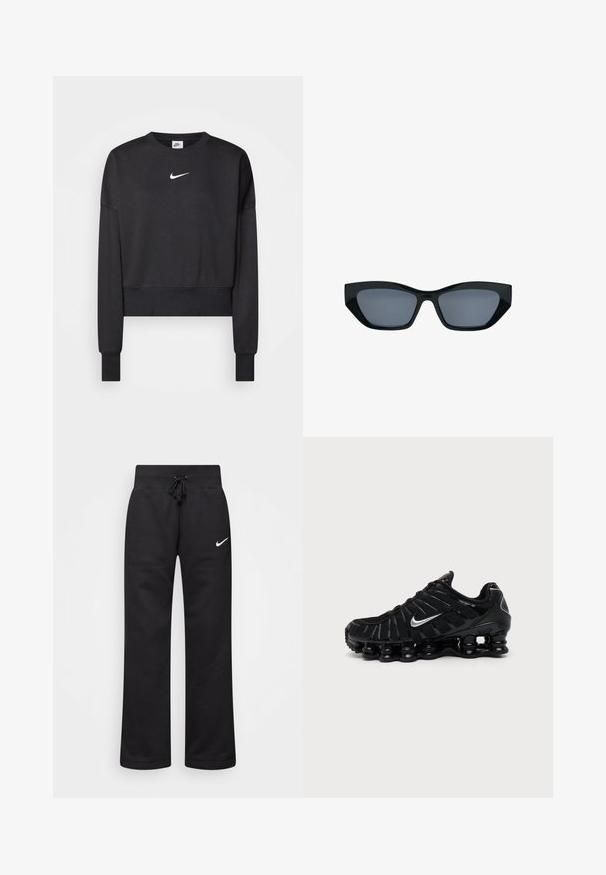 Sweatshirt noir court en mélange de coton, avec un col rond, des manches longues et un logo Nike blanc sur la poitrine.; Pantalons de survêtement noirs en mélange de coton, dotés d'une taille élastique avec cordon de serrage, de jambes droites et d'un logo Nike blanc sur le côté gauche.; Chaussure de sport Nike noire avec logo Swoosh argenté, tige en mesh et synthétique, et semelle coussinée segmentée distinctive.; Lunettes de soleil noires style œil de chat avec des montures épaisses et des verres teintés foncés, présentées sur fond blanc.