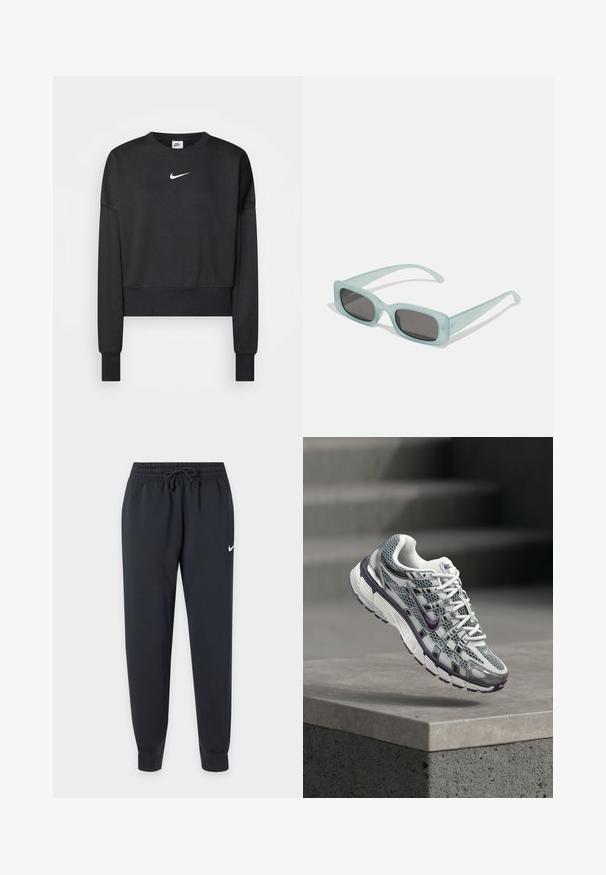 Čierna krátka mikina vyrobená z bavlnenej zmesi, s okrúhlym výstrihom, dlhými rukávmi a bielym logom Nike na hrudi.; Čierne tepláky Nike s elastickým pásom a šnúrkou, zúžené nohavice, lemovanie na členkoch a malý biely Nike znak na pravom stehne.; Biely a sivý Nike teniska s fialovými akcentmi, vznášajúci sa nad betónovou rímsou s rozmazanými schodmi v pozadí.; Párik obdĺžnikových slnečných okuliarov s svetlomodrými priehľadnými rámami a tmavosivými sklami, s rovnými stranami a minimálnymi hardvérovými detailmi.
