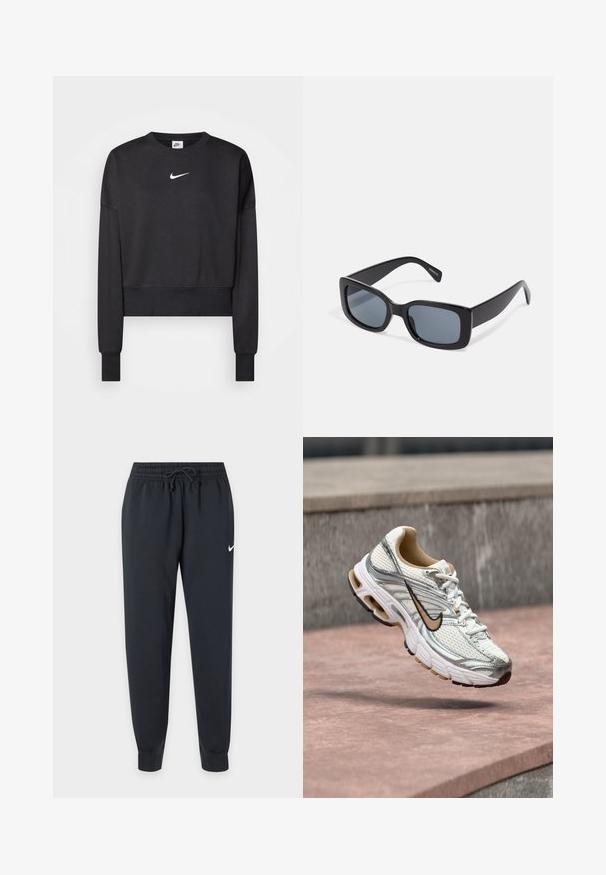 Schwarzer, verkürzter Sweatshirt aus Baumwollmischung mit Rundhalsausschnitt, langen Ärmeln und einem weißen Nike-Logo auf der Brust.; Schwarze Nike Jogginghose mit elastischem Bund und Kordelzug, schmal zulaufenden Beinen, Bündchen an den Knöcheln und kleinem weißen Nike-Swoosh am rechten Oberschenkel.; Weißer und silberner Nike Laufschuh mit beigem Swoosh-Logo, gezeigt schwebend über einer Steinoberfläche mit verschwommenem grauem Wandhintergrund.; Schwarze rechteckige Sonnenbrille mit dunkel getönten Gläsern, dickem Kunstrahmen und breiten Bügeln. Glatte Oberfläche und kantiges Design.