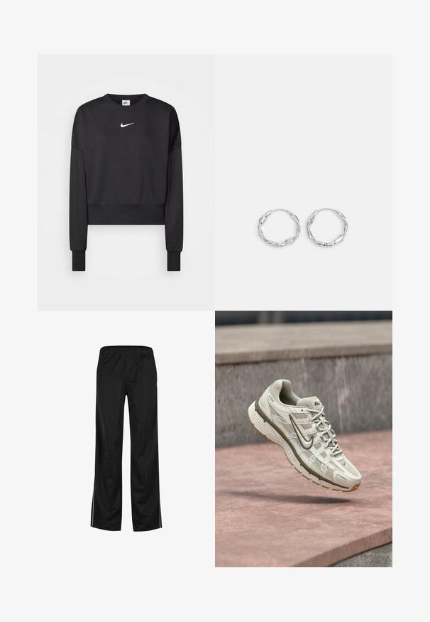 Mustat lyhyet hihatettu collegepaita, joka on valmistettu puuvillasekoitteesta. Paidassa on pyöreä kaula-aukko, pitkät hihat ja valkoinen Nike-logo rinnassa.; Musta leveälahkeiset housut, joissa on joustava vyötärönauha ja valkoiset sivuraidat, tehty sileästä kankaasta.; Nike-juoksukenkä vaaleanbeigellä verkkomateriaalipäällisellä, harmailla yksityiskohdilla ja kuvioidulla kumipohjalla. Varustettu pehmustetulla kauluksella ja nauhoitettavalla mallilla.; Hopehopeita, joissa on aaltoileva, epäsäännöllinen pinta. Niissä on ohut, pyöreä muoto ja heijastava pinta.