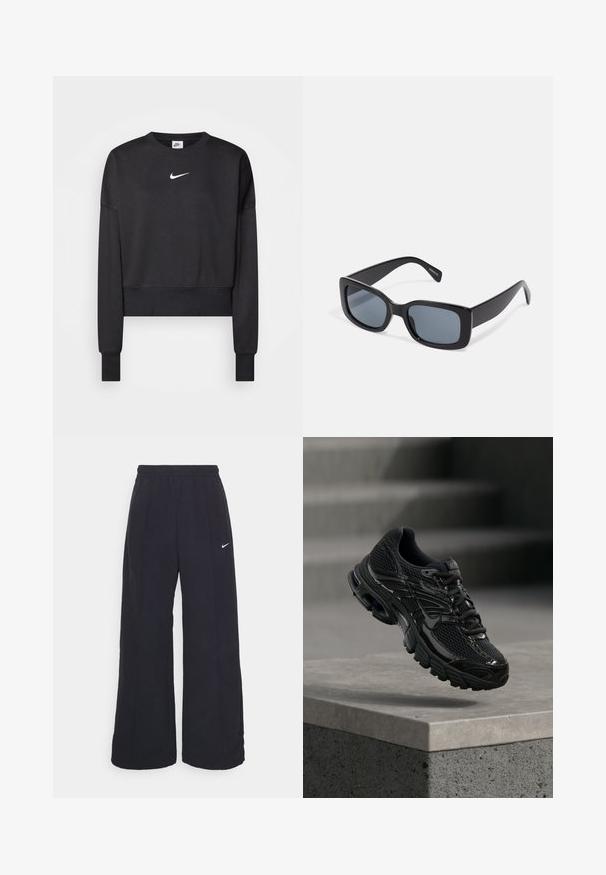 Sort cropped sweatshirt lavet af en blanding af bomuld, med rund halsudskæring, lange ærmer og et hvidt Nike-logo på brystet.; Sorte brede bukser med elastisk talje og et lille hvidt Nike-logo. Stoffet har en glat tekstur, designet til komfort og afslappet brug.; Sort Nike løbesko med mesh og syntetisk overdel, der svæver over en betonoverflade og trin i baggrunden.; Sorte rektangulære solbriller med mørkt tonede linser, tyk plastramme og brede stænger. Glat overflade og kantet design.