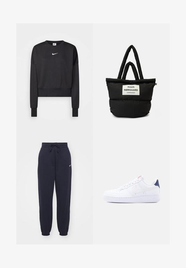 Zwarte cropped sweatshirt van een katoenmix, met een ronde halslijn, lange mouwen en een wit Nike-logo op de borst.; Nike trainingsbroeken in marineblauw, gemaakt van zacht materiaal. Voorzien van een elastische tailleband met trekkoord en aangesloten enkels. Kleine witte logo-accent.; Witte lage sneaker met perforaties op de neus, witte veters, een wit swoosh-logo en een donkerblauwe hielstrook.; Zwarte puffer tote bag met dubbele handvatten, voorzien van een wit label met "MADS NØRGAARD COPENHAGEN." Zachte, gewatteerde textuur en afgeronde vorm.