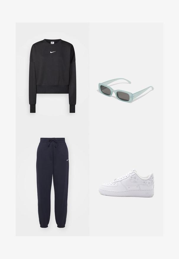 Čierna krátka mikina vyrobená z bavlnenej zmesi, s okrúhlym výstrihom, dlhými rukávmi a bielym logom Nike na hrudi.; Nike tepláky v námornej modrej farbe, vyrobené z mäkkého materiálu. Obsahujú elastický pás s šnúrkou a sťahovacie nohavice. Malý biely logotyp ako akcent.; Biely nízky teniska s perforovanou špičkou, logom Nike a dekoratívnymi bielymi kvetinovými prvkami na päte a boku.; Párik obdĺžnikových slnečných okuliarov s svetlomodrými priehľadnými rámami a tmavosivými sklami, s rovnými stranami a minimálnymi hardvérovými detailmi.