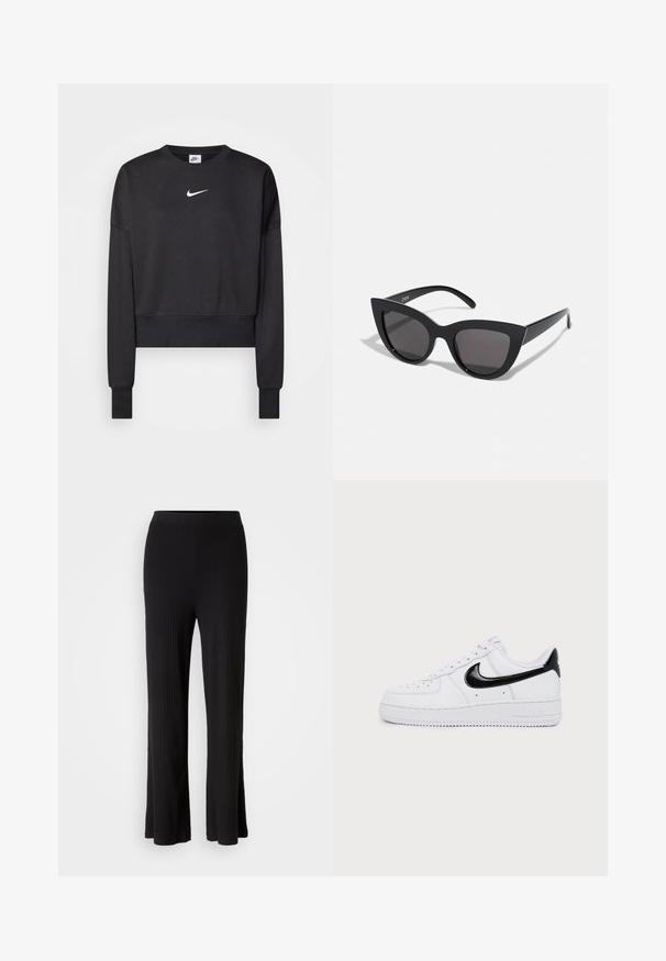 Schwarzer, verkürzter Sweatshirt aus Baumwollmischung mit Rundhalsausschnitt, langen Ärmeln und einem weißen Nike-Logo auf der Brust.; Schwarze, gerippte, weite Hosen mit einem glatten, elastischen Bund und ausgestellt geschnittenem Saum. Die Stoffstruktur ist weich und dehnbar und bietet Komfort.; Weißer Low-Top-Sneaker mit schwarzem Nike-Swoosh und Fersendetail, Schnürdesign und perforierter Zehenpartie auf hellem, einfarbigem Hintergrund.; Schwarze Cat-Eye-Sonnenbrille mit matter Oberfläche, grauen getönten Gläsern, scharfen Kanten und schlanken Bügeln. Der Markenname ist auf dem inneren Bügel sichtbar.