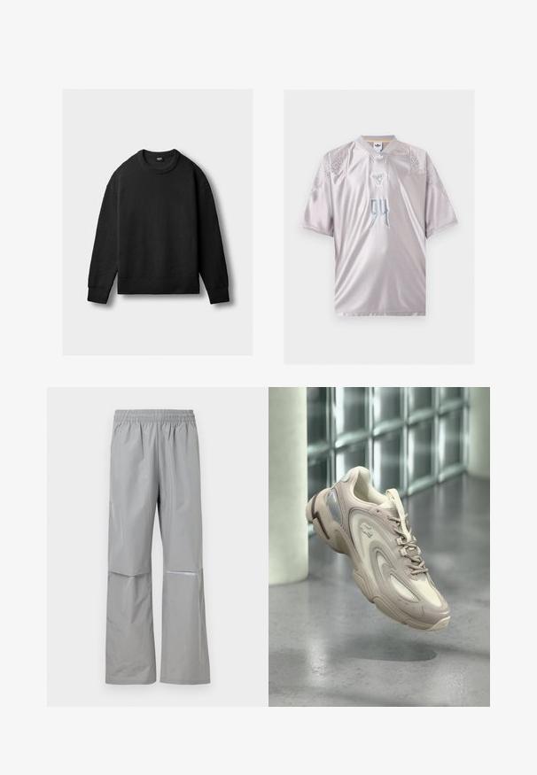 Zwarte gebreide ronde hals trui met lange mouwen en geribbelde manchetten, zoom en kraag, plat weergegeven tegen een lichte achtergrond.; Zilverkleurig Adidas sportshirt met korte mouwen, witte gestippelde patronen op de schouders en het nummer 94 in een gestileerd lettertype middenvoor.; Lichtgrijze waterdichte regenbroek met elastische tailleband en reflecterende strip aan de rechterpijp, ontworpen voor buitengebruik.; Lichtbeige sneaker met een gestroomlijnd ontwerp, textuurlagen, een gevoerde zool en een doorzichtige sectie aan de zijkant.