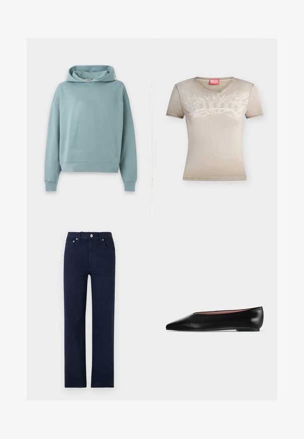Sweat à capuche bleu clair avec manches longues, poignets et ourlet côtelés, présenté sur fond blanc uni. Aucun motif ou logo visible.; T-shirt Diesel beige à manches courtes avec flammes graphiques blanches et texte "DIESEL" sur la poitrine, étiquette logo Diesel rouge au col.; Jean bleu marine droit avec cinq poches, passants de ceinture et fermeture par bouton métallique à la taille.; Chaussure plate en cuir noir pour femme, avec bout pointu et petit talon, vue de côté sur un fond gris clair uni.