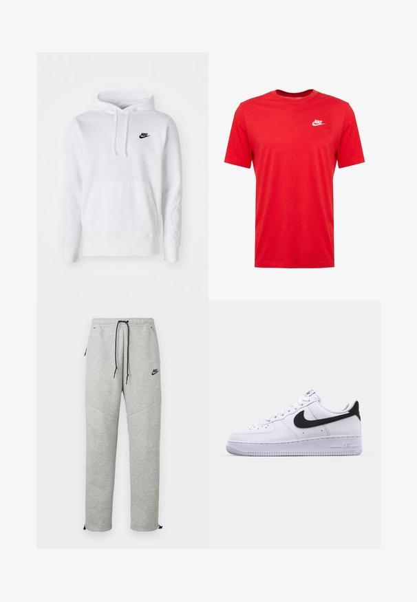 Hvid hættetrøje lavet af bomuldsblanding med snøre i hætten, frontlomme med kangaroo, ribbede manchetter og et lille sort Nike-logo på brystet.; Rød bomulds t-shirt med rund hals og korte ærmer, med et hvidt Nike-logo på venstre brystområde. Glat tekstur og afslappet design.; Grå Nike sweatpants med snøre i taljen, sidelommer og elastiske manchetter. Har en glat overflade og kontrastfarvet sort logo-detalje.; Hvide lædersneakers med en struktureret sort Swoosh, flade snørebånd og en gummisål med et rillemønster. "AIR" er præget på hælen.