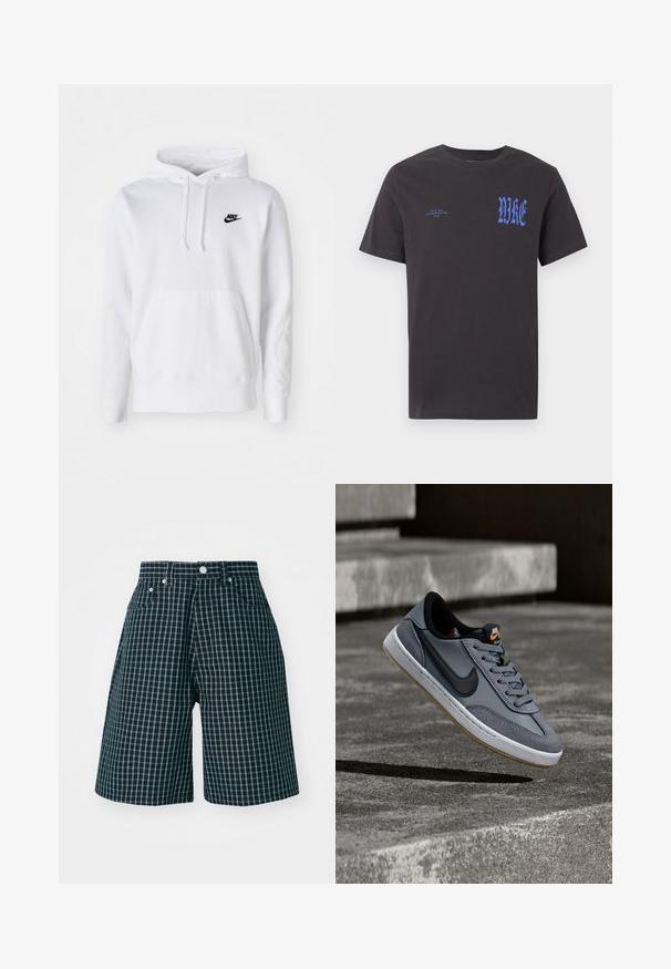 Hvid hættetrøje lavet af bomuldsblanding med snøre i hætten, frontlomme med kangaroo, ribbede manchetter og et lille sort Nike-logo på brystet.; Sort T-shirt med korte ærmer og rund hals med blå "NIKE" tekst i gotisk skrifttype på brystet og mindre "NIKE AIR INCORPORATED 1972" tekst på venstre side.; Ternede shorts i mørk navy med hvidt rutenetmønster. Fremstillet af vævet stof, med en mid-rise talje og frontlommer.; Nike-sneaker i gråt læder og ruskind med en sort swoosh, hvid mellemsål og tekstureret gummiydersål med gum-detaljer.