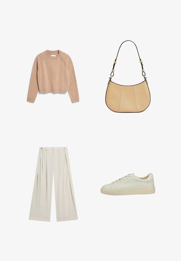 Beige Cropped-Pullover aus weichem Stoff. Mit Raglanärmeln, geripptem Halsausschnitt und Bündchen sowie einer subtilen Textur. Ideal zum Layering.; Weit geschnittene beige Hose mit vorderen Falten, Gürtelschlaufen und Knopfdetails an der Taille, vor weißem Hintergrund dargestellt.; Cremfarbener Sneaker aus Leder in niedriger Ausführung mit Schnürverschluss, strukturierter Sohle und dezentem "GANT"-Logo an der Seite und Ferse.; Beige Ledertasche mit geschwungener Form, schwarzem Besatz und verstellbarem Riemen. Verfügt über dezente Nähte und ein auf der Vorderseite eingeprägtes Logo.