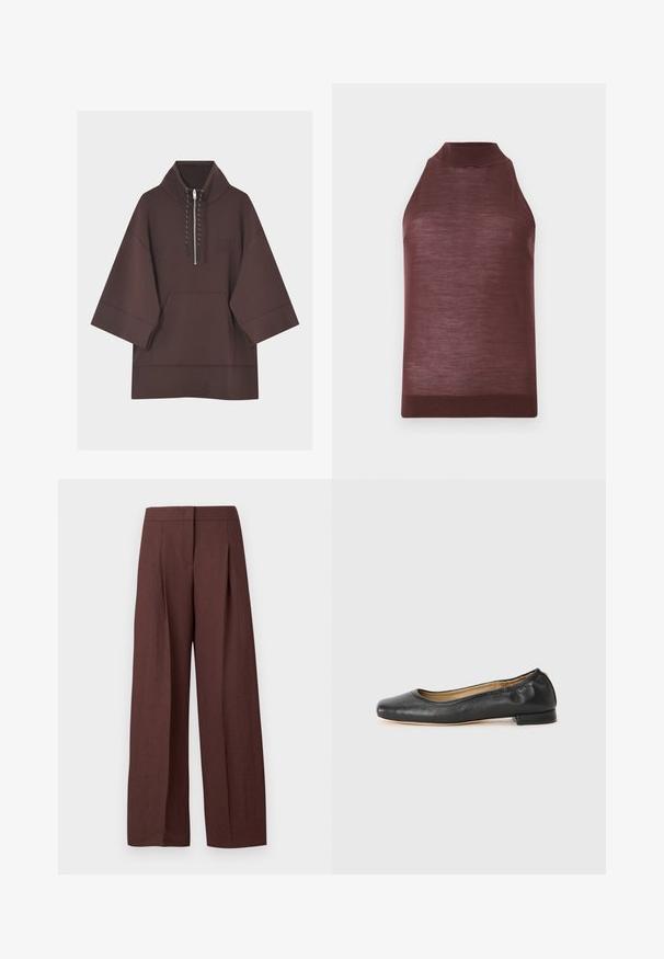 Sweat à capuche marron foncé avec manches larges trois-quarts, poche kangourou à l'avant et court zip avec cordons au col.; Top tricoté marron sans manches avec col haut et ourlet côtelé, présenté sur un fond clair uni.; Pantalon marron à jambes larges et taille haute avec plis devant et fermeture avant dissimulée, présenté sur fond blanc uni.; Ballerines en cuir noir avec un bout arrondi et des coutures minimales. Talon bas et rectangulaire avec une texture lisse. Détails subtils de doublure intérieure.