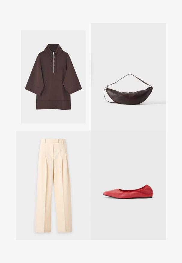 Sweat à capuche marron foncé avec manches larges trois-quarts, poche kangourou à l'avant et court zip avec cordons au col.; Pantalon beige taille haute sur mesure avec plis, passants pour ceinture et jambes larges, étalé à plat sur un fond clair.; Filippa K REY FLATS - Ballerines - bright red; Sac d'épaule en cuir marron foncé en forme de croissant avec une lanière courbée et des coutures visibles sur fond uni.