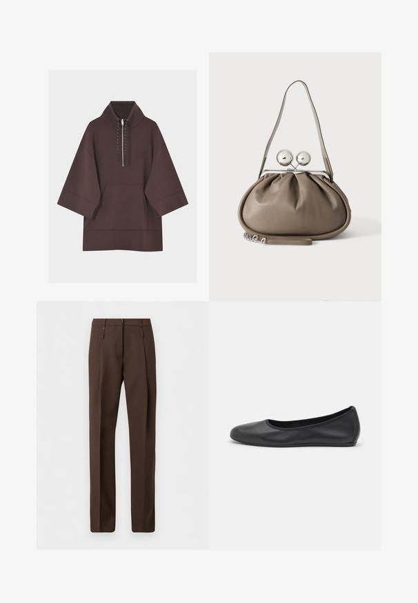 Sweat à capuche marron foncé avec manches larges trois-quarts, poche kangourou à l'avant et court zip avec cordons au col.; Pantalon marron sur mesure à jambes droites, doté de passants pour ceinture et de plis sur le devant, présenté sur un fond blanc uni.; Ballerines en cuir noir avec un bout rond, texture lisse, détails de couture minimalistes et design de semelle flexible.; Sac à main en cuir gris de forme arrondie, fermeture supérieure avec deux grandes sphères argentées, et une seule anse.
