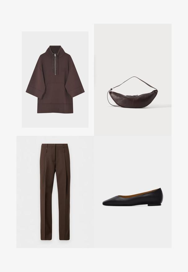 Sweat à capuche marron foncé avec manches larges trois-quarts, poche kangourou à l'avant et court zip avec cordons au col.; Pantalon marron sur mesure à jambes droites, doté de passants pour ceinture et de plis sur le devant, présenté sur un fond blanc uni.; Chaussure plate en cuir noir à bout pointu avec talon bas et finition lisse, vue de côté sur un fond gris clair.; Sac d'épaule en cuir marron foncé en forme de croissant avec une lanière courbée et des coutures visibles sur fond uni.
