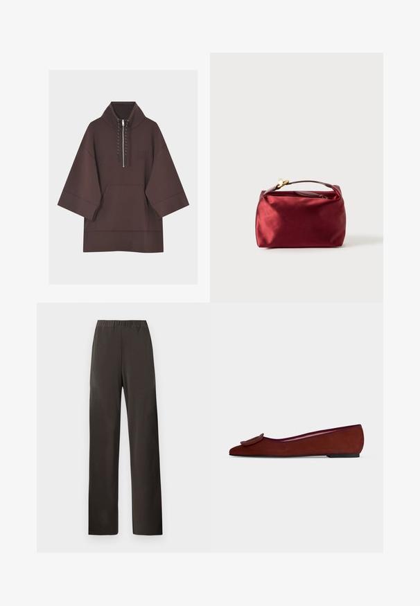 Sweat à capuche marron foncé avec manches larges trois-quarts, poche kangourou à l'avant et court zip avec cordons au col.; Pantalon marron foncé à jambes droites avec taille élastique, sans poches visibles ni décorations, présenté sur un fond clair uni.; Chaussure plate en daim marron pour femme avec bout pointu et grande boucle décorative sur le dessus sur fond uni.; Trousse de maquillage en satin bourgogne de forme rectangulaire, avec fermeture éclair et une poignée courte. Présente un design minimaliste et une texture lisse.