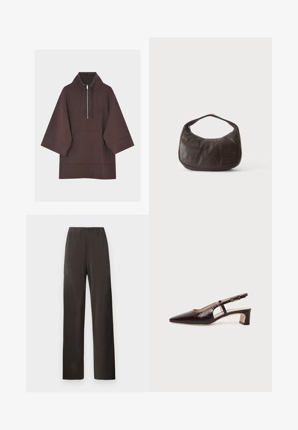 Sweat à capuche marron foncé avec manches larges trois-quarts, poche kangourou à l'avant et court zip avec cordons au col.; Pantalon marron foncé à jambes droites avec taille élastique, sans poches visibles ni décorations, présenté sur un fond clair uni.; Chaussure slingback en cuir marron foncé à texture crocodile, bout pointu, talon bas bloc et bride ajustable avec boucle dorée.; Petit sac à main marron foncé texturé avec une courte bandoulière et un fond arrondi sur un fond clair uni.