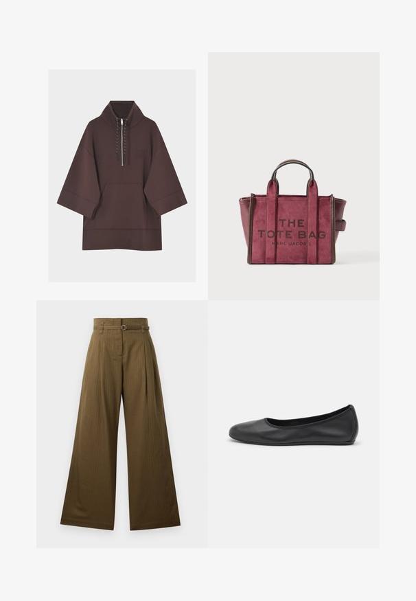 Sweat à capuche marron foncé avec manches larges trois-quarts, poche kangourou à l'avant et court zip avec cordons au col.; Pantalons larges en tissu vert olive, avec une taille haute, des plissés à l'avant et un détail de boucle de ceinture circulaire en argent. Texture lisse.; Ballerines en cuir noir avec un bout rond, texture lisse, détails de couture minimalistes et design de semelle flexible.; Sac fourre-tout en daim et cuir bordeaux avec des poignées courtes et un texte à l'avant indiquant "THE TOTE BAG MARC JACOBS" sur un fond blanc.