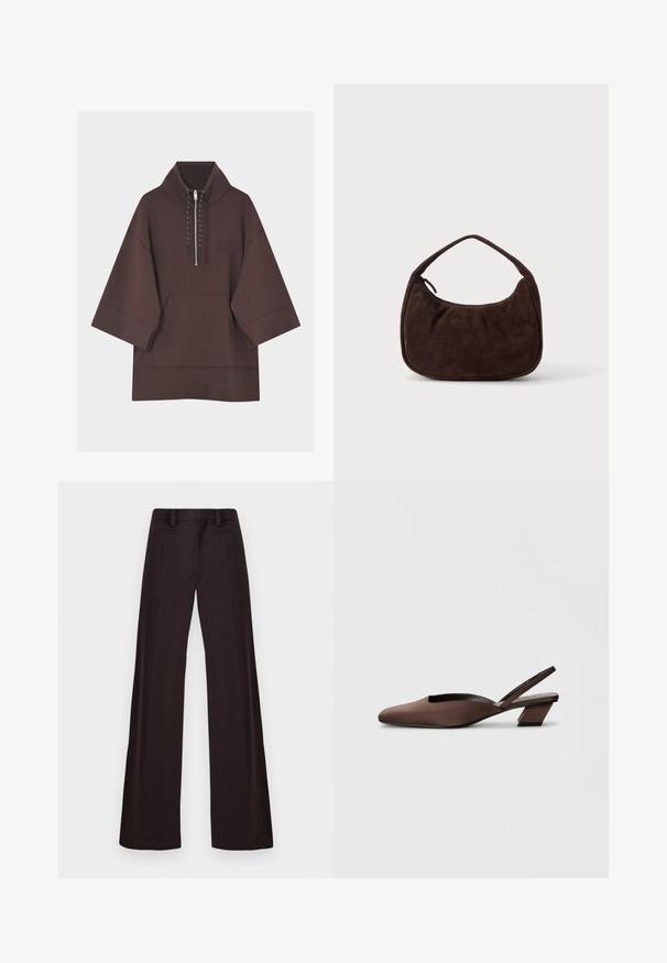 Sweat à capuche marron foncé avec manches larges trois-quarts, poche kangourou à l'avant et court zip avec cordons au col.; Pantalons larges en tissu sombre, présentant une texture lisse, des passants de ceinture et un pli avant, avec un design épuré et sans ornements.; Chaussure slingback marron avec une tige en tissu doux, bout pointu et un talon bloc géométrique, présentant un design découpé pour la respirabilité.; Sac à main en daim marron foncé avec une courte sangle et une forme rectangulaire arrondie sur un fond uni clair.