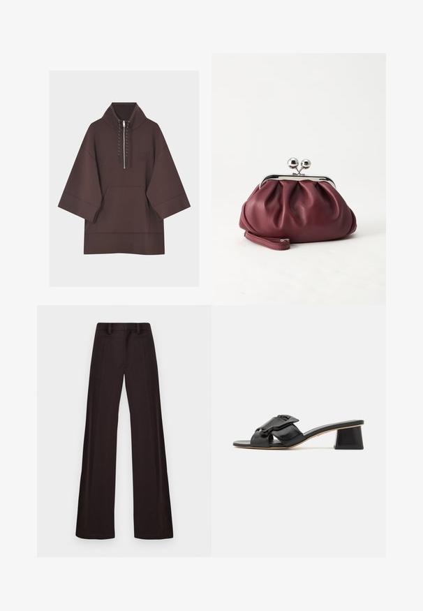 Sweat à capuche marron foncé avec manches larges trois-quarts, poche kangourou à l'avant et court zip avec cordons au col.; Pantalons larges en tissu sombre, présentant une texture lisse, des passants de ceinture et un pli avant, avec un design épuré et sans ornements.; Sandales à glissière en cuir noir avec une large sangle ornée de chaînes, bout ouvert et talon géométrique haut. Texture lisse et design minimaliste.; Petit sac pochette en cuir bordeaux avec fermoir métallique argenté et bracelet sur fond blanc.