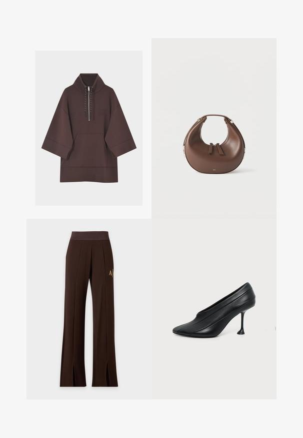Sweat à capuche marron foncé avec manches larges trois-quarts, poche kangourou à l'avant et court zip avec cordons au col.; Pantalon large marron foncé avec taille élastique, coutures sur l'avant, logo sur le côté et fentes à l'avant de l'ourlet.; Chaussure à talon haut en cuir noir avec bout pointu, semelle incurvée et talon stiletto fin évasé sur fond clair uni.; Sac à main en cuir marron en forme de croissant avec une poignée supérieure et deux curseurs de fermeture éclair, sur fond blanc.