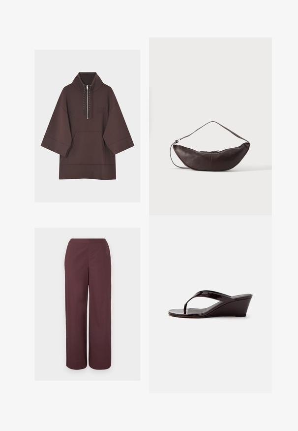 Sweat à capuche marron foncé avec manches larges trois-quarts, poche kangourou à l'avant et court zip avec cordons au col.; Pantalon marron taille haute à jambes larges avec un devant lisse et des poches latérales, présenté sur un fond clair uni.; Sandale compensée en cuir verni marron avec bride entre les orteils et bout ouvert, vue de profil sur un fond uni.; Sac d'épaule en cuir marron foncé en forme de croissant avec une lanière courbée et des coutures visibles sur fond uni.
