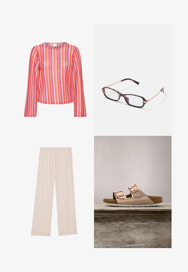 Haut en tricot à manches longues avec des rayures verticales de couleurs rose, rouge, orange, blanc, vert et violet, avec un col rond.; Pantalons en tissu léger et pâle avec des rayures verticales roses, coupe large et taille élastique pour le confort.; Sandales à glissière en or rose avec deux boucles en métal ajustables, semelle en liège et semelle en caoutchouc blanche. Fini métallique lisse, design ouvert. ; Lunettes rectangulaires avec une monture en plastique écaille de tortue, des accents en métal couleur or et des verres transparents. Branches effilées avec une courbe subtile.