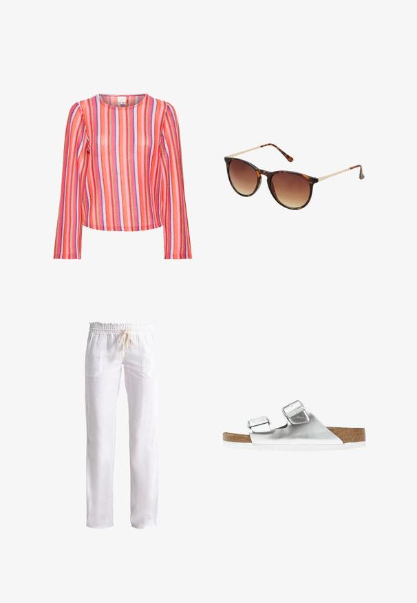 Haut en tricot à manches longues avec des rayures verticales de couleurs rose, rouge, orange, blanc, vert et violet, avec un col rond.; Pantalons en lin blanc avec une coupe décontractée, taille élastique et cordon de serrage. Comprend deux poches avant et une texture lisse.; Sandale métallique argentée avec deux brides réglables, semelle intérieure en liège et semelle blanche. Surface supérieure lisse avec une finition brillante.; Lunettes de soleil en écaille de tortue avec des verres dégradés marron, forme œil de chat, accents en métal doré sur les branches, et monture en plastique lisse.