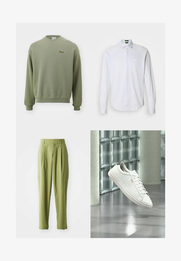 Olijfgroene sweatshirt met een ronde hals, ribgebreide manchetten en zoom. Heeft een geborduurd krokodillenlogo op de linkerborst. Zacht, gestructureerd materiaal.; Wit overhemd met lange mouwen in een blauw geruit patroon. Voorzien van een klassieke kraag en een borstzak. Gladde stof met een gestructureerde pasvorm.; Lichtgroene broek van een gestructureerde stof, met een rechte pasvorm, plooien aan de voorkant en een standaard tailleband.; Witte leren lage sneaker met veters, zwarte hielstrook en "BOSS"-logo, zwevend binnenshuis bij een glazen stenen muur en gepolijste vloer.