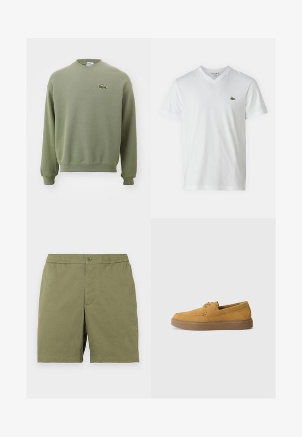 Olijfgroene sweatshirt met een ronde hals, ribgebreide manchetten en zoom. Heeft een geborduurd krokodillenlogo op de linkerborst. Zacht, gestructureerd materiaal.; Witte katoenen t-shirt met een V-hals, korte mouwen en een klein groen krokodillenlogo op de linkerkant van de borst. Eenvoudig en lichtgewicht ontwerp.; Olijfgroene shorts gemaakt van lichtgewicht stof, met een elastische tailleband en een knoopsluiting, en een eenvoudige, gladde textuur.; Bruine suède instap schoenen met een gestructureerde afwerking, ronde neus en een contrasterende rubberen zool. Heeft subtiele branding nabij de hiel.