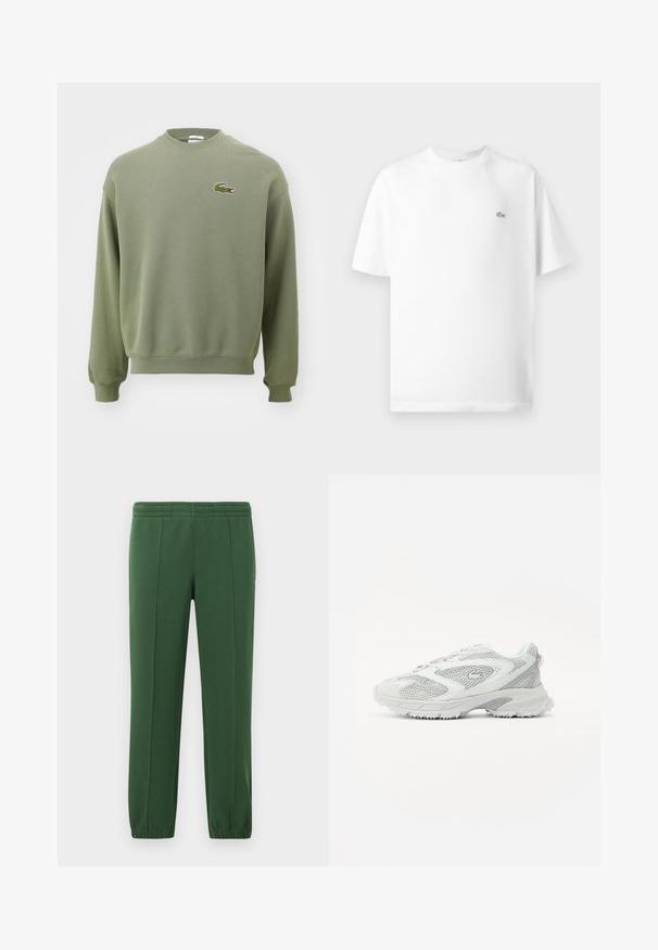 Olijfgroene sweatshirt met een ronde hals, ribgebreide manchetten en zoom. Heeft een geborduurd krokodillenlogo op de linkerborst. Zacht, gestructureerd materiaal.; Witte katoenen t-shirt met een ronde hals en korte mouwen. Bevat een klein zwart Lacoste-logo aan de linkerkant van de borst.; Groene joggingbroek van zacht materiaal; heeft een elastische tailleband, taps toeloopende pijpen en een klein logo aan de zijkant.; Witte sportschoen met gaasdetails, een textuurzool en gladde accenten. Voorzien van een ronde neus en een gewatteerde kraag voor comfort.
