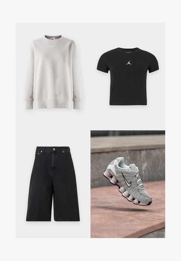 Svetlo šedý sveter s okrúhlym výstrihom, dlhými rukávmi, rebrovanými manžetami a lemom. Obsahuje malé biele logo Nike na hrudi. Hladká textúra.; Čierne tričko s krátkym rukávom a skráteným strihom s bielym logom Jumpman umiestneným na hrudníku na jednofarebnom pozadí.; Čierne denimové šortky po kolená s predným zapínaním na gombík, pútkami na opasok a bočnými aj mincovými vreckami, zobrazené na jednofarebnom svetlom pozadí.; Svetlosivá teniska Nike s čiernym logom Swoosh, bielymi šnúrkami a charakteristickou pružnou podrážkou, zobrazená vznášajúca sa nad kamenným povrchom.
