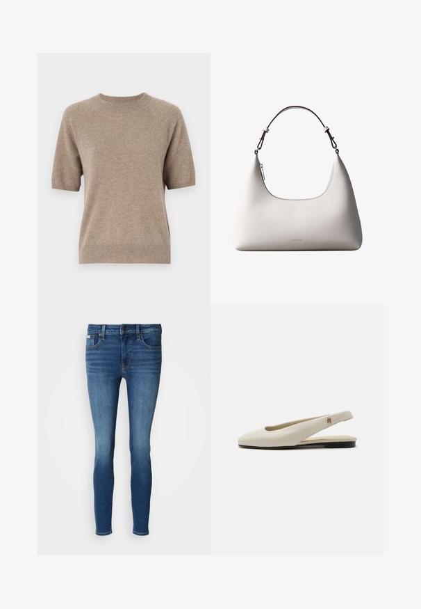Pull à manches courtes en beige clair, fabriqué à partir d'un tissu doux et texturé. Doté d'un col rond et de poignets et d'un ourlet côtelés. Design décontracté.; Jeans en denim slim-fit bleu foncé, présentant un design classique à cinq poches, des passants de ceinture et une fermeture à bouton à l'avant. Lavage moyen avec un léger effet de décoloration.; Chaussure plate slingback en cuir couleur crème avec un bout arrondi et un petit emblème doré sur la bride.; Sac à bandoulière en cuir couleur crème de Calvin Klein avec bord supérieur incurvé, fermeture éclair argentée et sangle ajustable brun foncé.